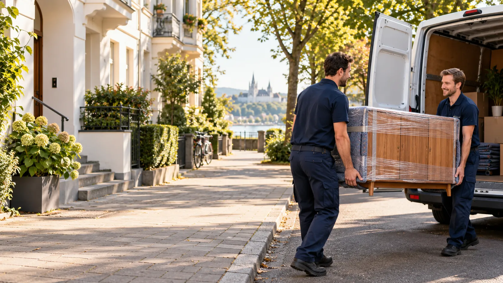 Umzugshelfer tragen einen verpackten Schrank