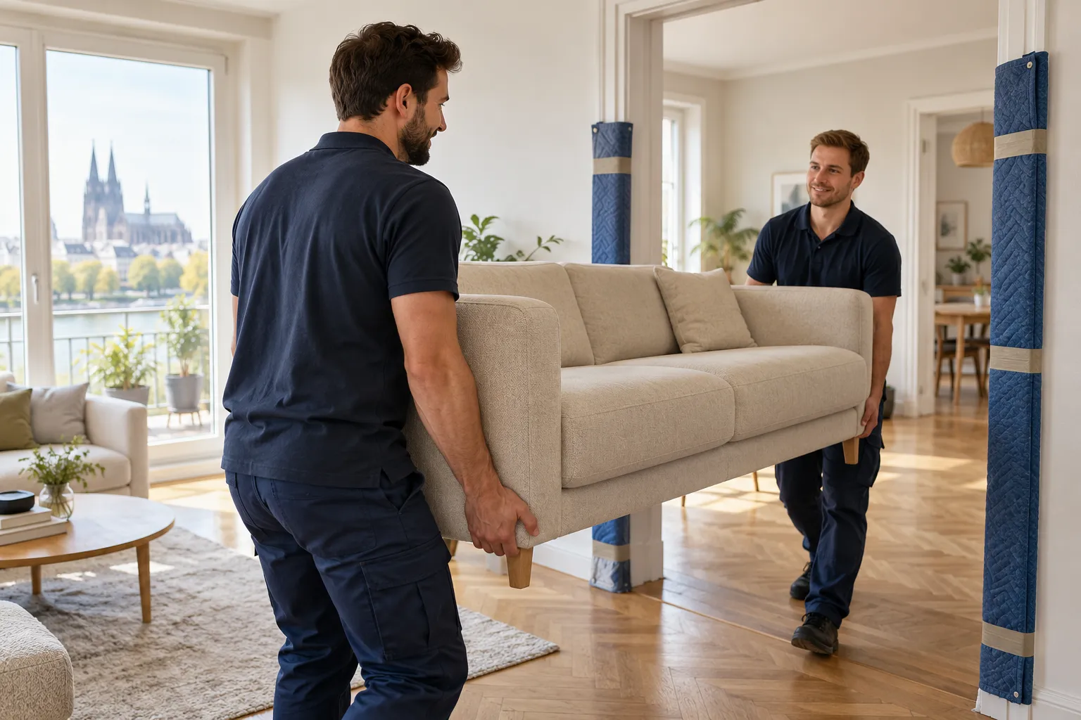 Umzugshelfer tragen ein Sofa sicher durch die Wohnungstür